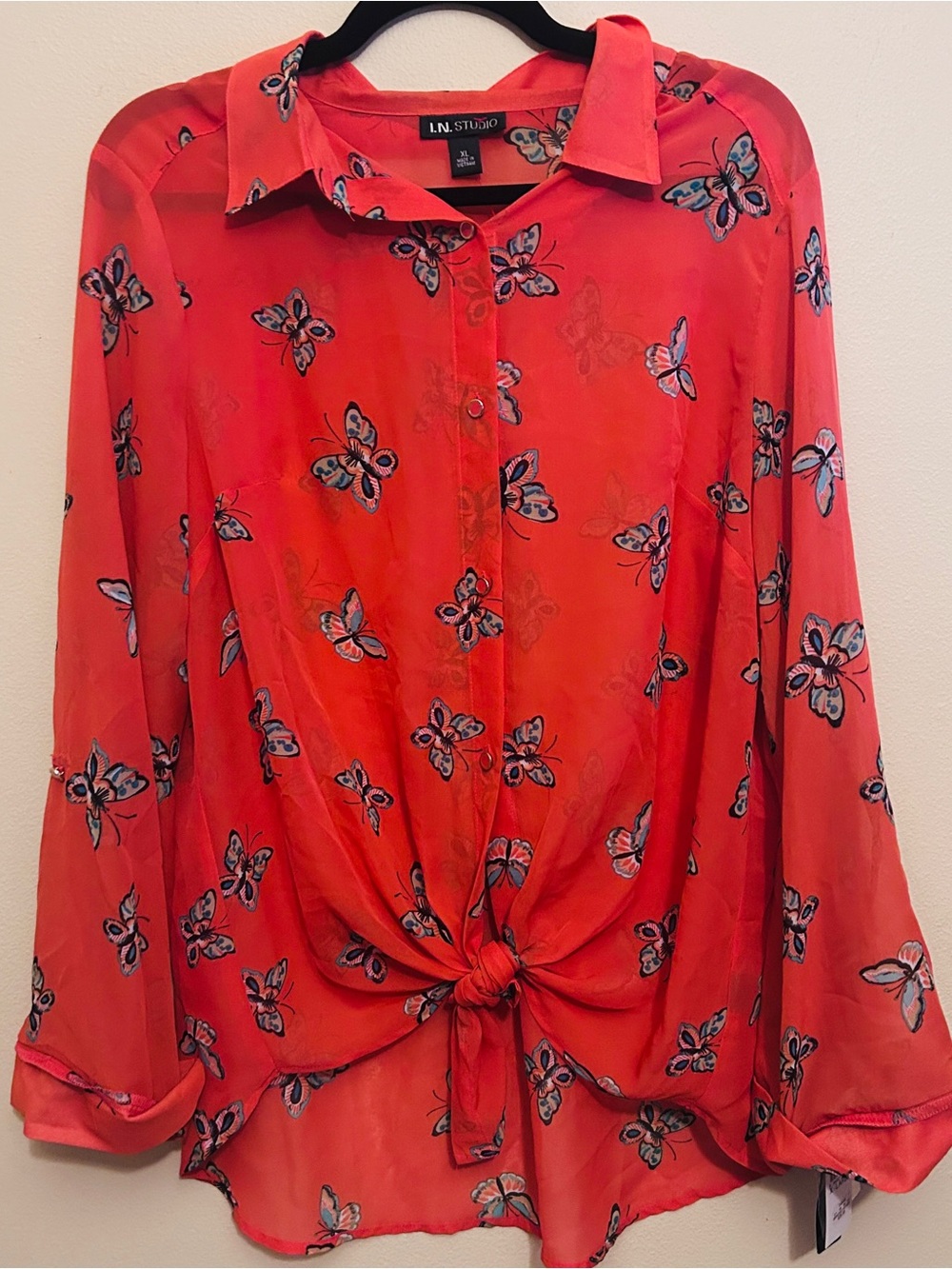 I.N. Studio Coral Butterfly Tie-Front Blouse